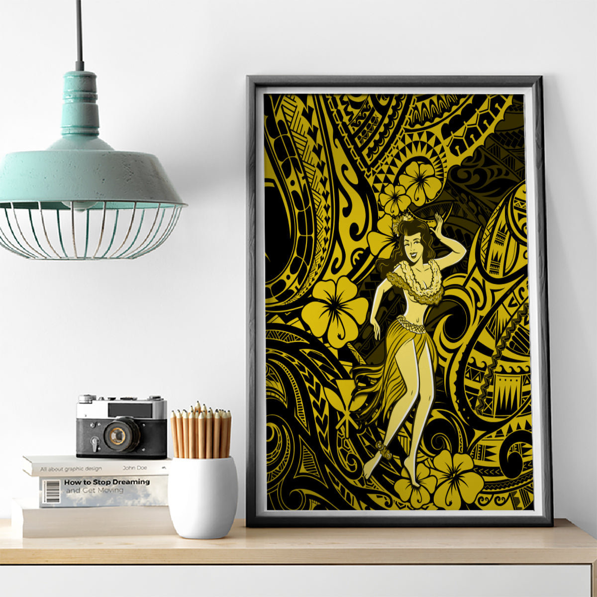 Hawaii Hula Girl Canvas Wall Art Hibiscus Hawaii Tribal Tattoo Yellow Version - Wonder Print Shop