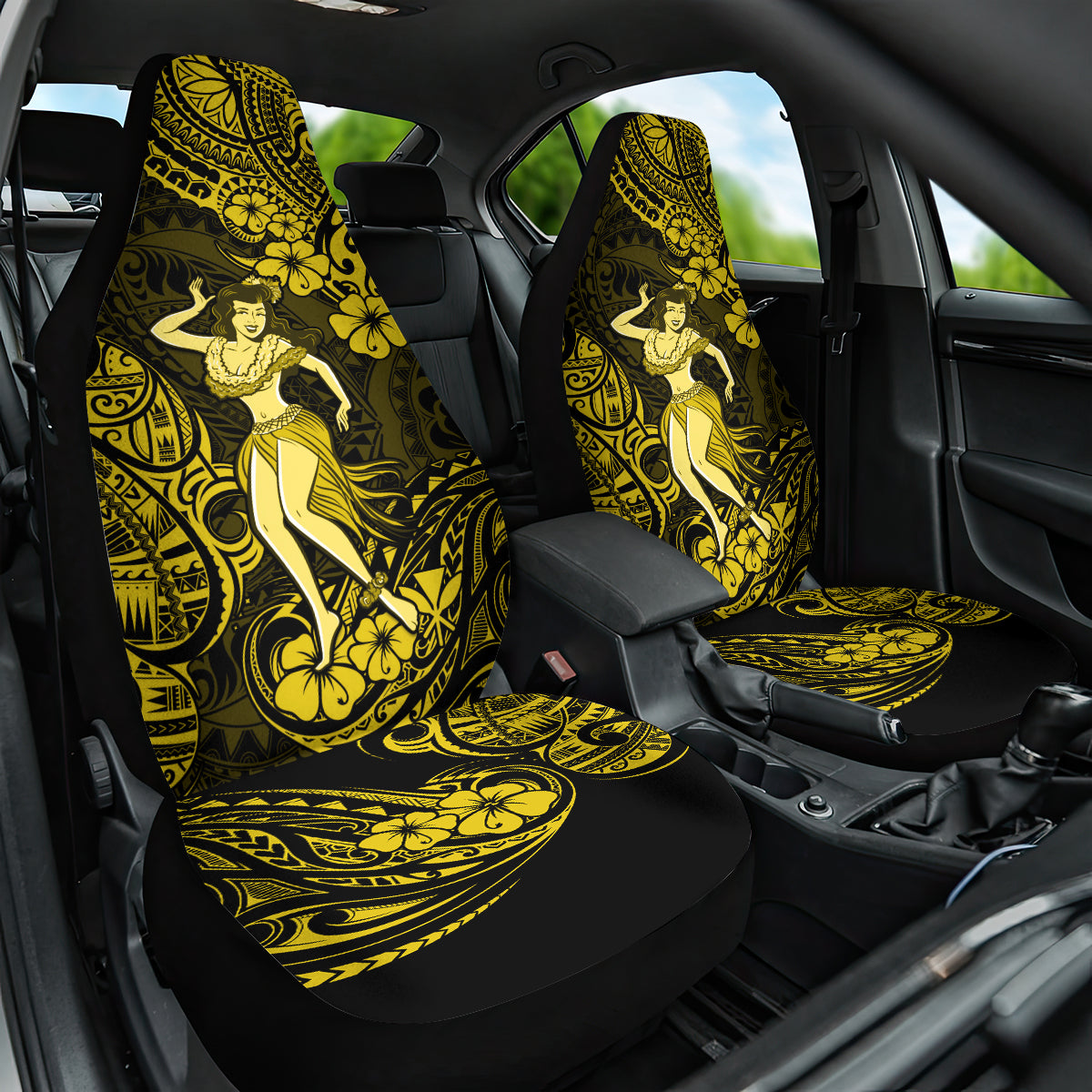 Hawaii Hula Girl Car Seat Cover Hibiscus Hawaii Tribal Tattoo Yellow Version - Wonder Print Shop