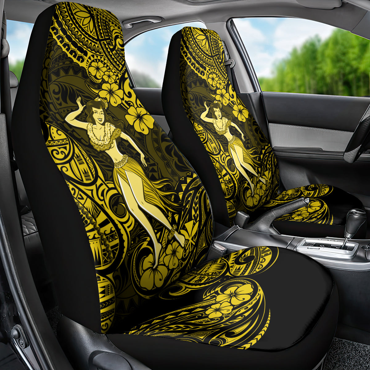 Hawaii Hula Girl Car Seat Cover Hibiscus Hawaii Tribal Tattoo Yellow Version - Wonder Print Shop