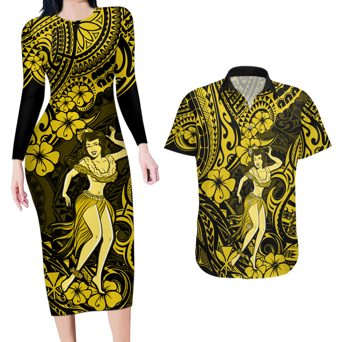 Hawaii Hula Girl Couples Matching Long Sleeve Bodycon Dress and Hawaiian Shirt Hibiscus Hawaii Tribal Tattoo Yellow Version - Wonder Print Shop