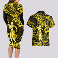 Hawaii Hula Girl Couples Matching Long Sleeve Bodycon Dress and Hawaiian Shirt Hibiscus Hawaii Tribal Tattoo Yellow Version - Wonder Print Shop