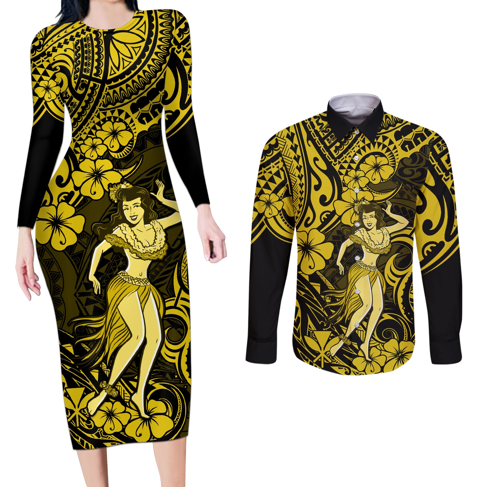 Hawaii Hula Girl Couples Matching Long Sleeve Bodycon Dress and Long Sleeve Button Shirts Hibiscus Hawaii Tribal Tattoo Yellow Version - Wonder Print Shop