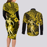 Hawaii Hula Girl Couples Matching Long Sleeve Bodycon Dress and Long Sleeve Button Shirts Hibiscus Hawaii Tribal Tattoo Yellow Version - Wonder Print Shop