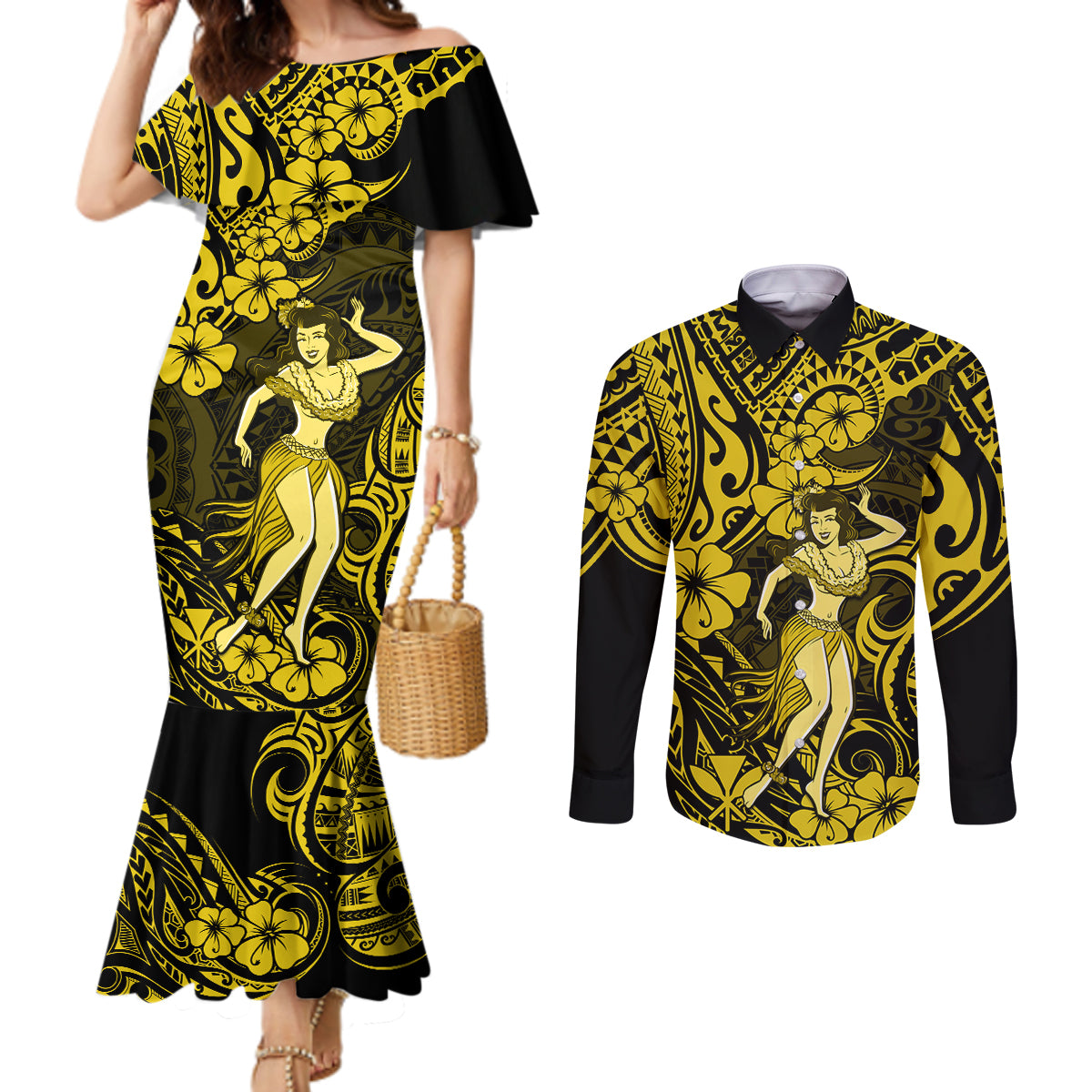 hawaii-hula-girl-couples-matching-mermaid-dress-and-long-sleeve-button-shirts-hibiscus-hawaii-tribal-tattoo-yellow-version