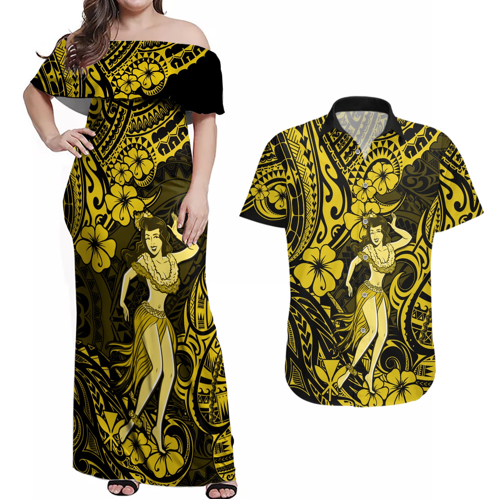 Hawaii Hula Girl Couples Matching Off Shoulder Maxi Dress and Hawaiian Shirt Hibiscus Hawaii Tribal Tattoo Yellow Version - Wonder Print Shop