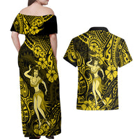 Hawaii Hula Girl Couples Matching Off Shoulder Maxi Dress and Hawaiian Shirt Hibiscus Hawaii Tribal Tattoo Yellow Version - Wonder Print Shop