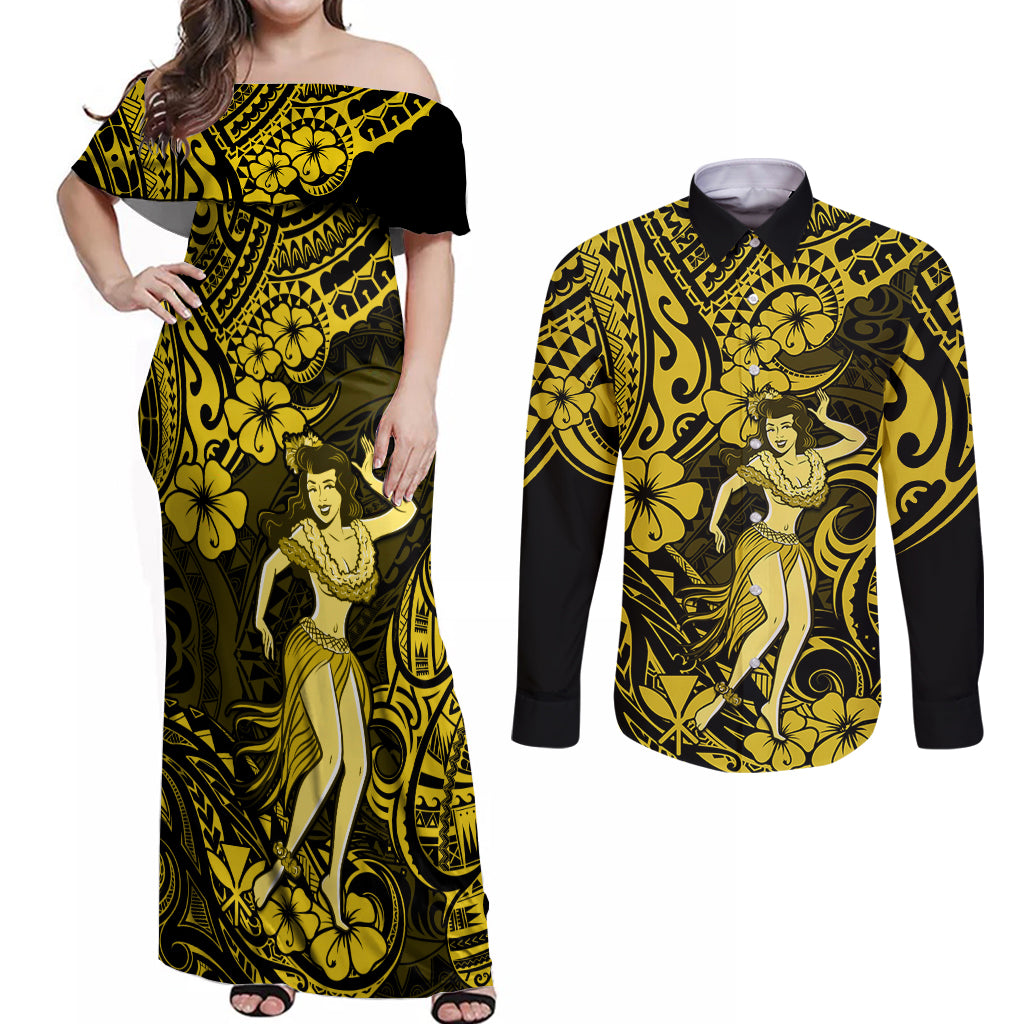Hawaii Hula Girl Couples Matching Off Shoulder Maxi Dress and Long Sleeve Button Shirts Hibiscus Hawaii Tribal Tattoo Yellow Version - Wonder Print Shop