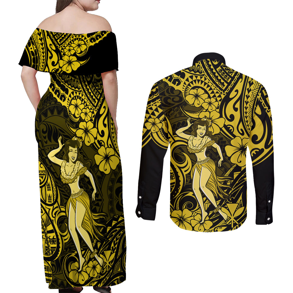 Hawaii Hula Girl Couples Matching Off Shoulder Maxi Dress and Long Sleeve Button Shirts Hibiscus Hawaii Tribal Tattoo Yellow Version - Wonder Print Shop