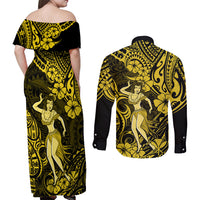 Hawaii Hula Girl Couples Matching Off Shoulder Maxi Dress and Long Sleeve Button Shirts Hibiscus Hawaii Tribal Tattoo Yellow Version - Wonder Print Shop
