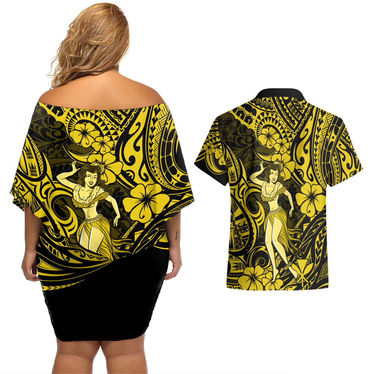 Hawaii Hula Girl Couples Matching Off Shoulder Short Dress and Hawaiian Shirt Hibiscus Hawaii Tribal Tattoo Yellow Version - Wonder Print Shop
