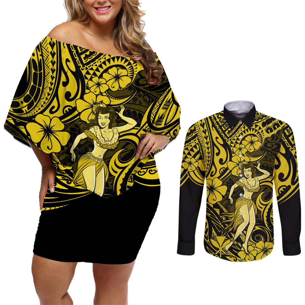 Hawaii Hula Girl Couples Matching Off Shoulder Short Dress and Long Sleeve Button Shirts Hibiscus Hawaii Tribal Tattoo Yellow Version - Wonder Print Shop