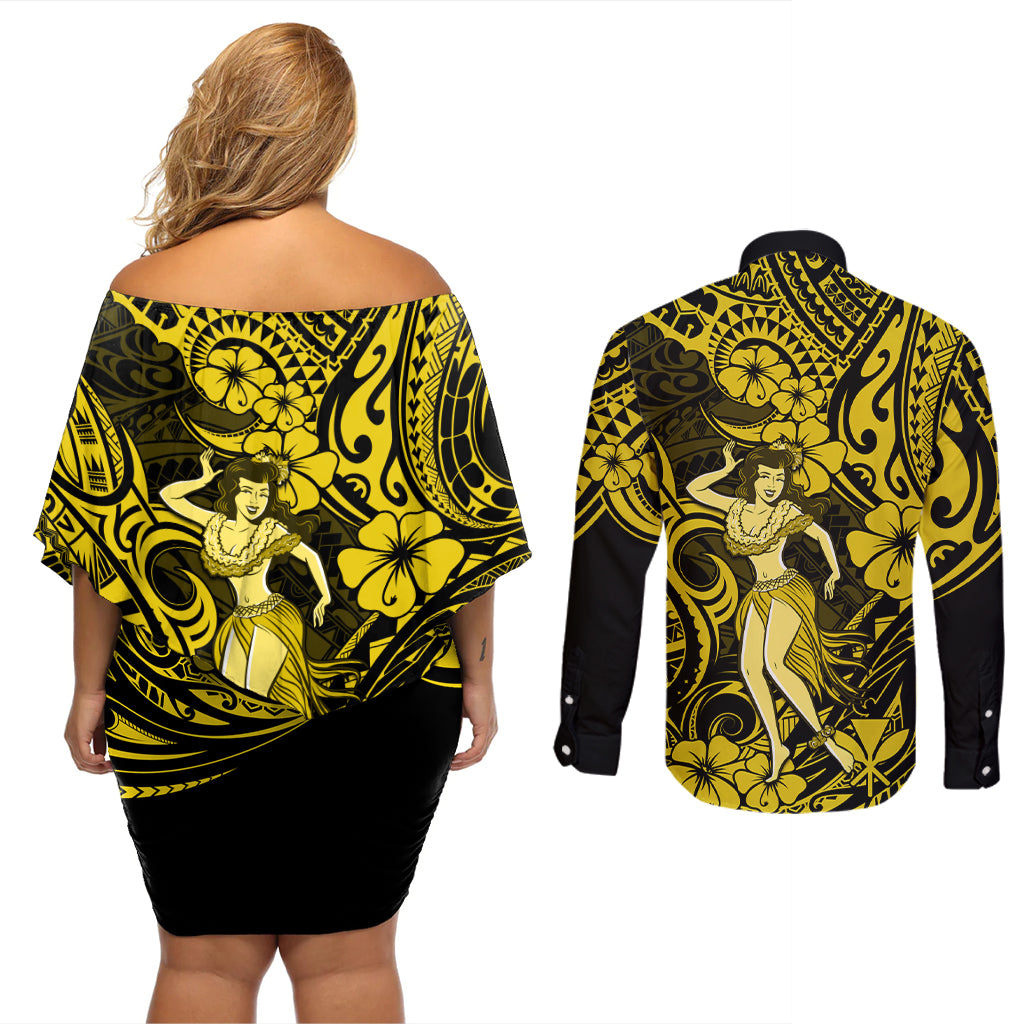 Hawaii Hula Girl Couples Matching Off Shoulder Short Dress and Long Sleeve Button Shirts Hibiscus Hawaii Tribal Tattoo Yellow Version - Wonder Print Shop