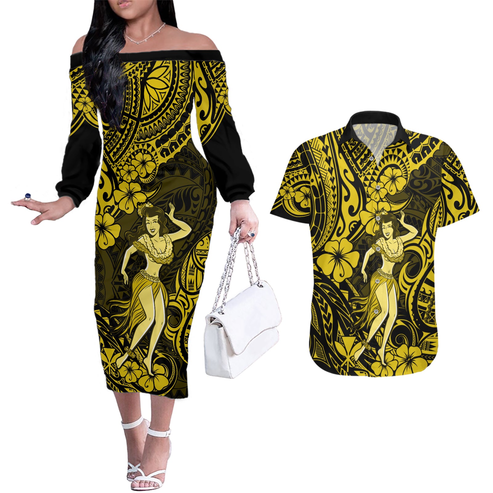 Hawaii Hula Girl Couples Matching Off The Shoulder Long Sleeve Dress and Hawaiian Shirt Hibiscus Hawaii Tribal Tattoo Yellow Version - Wonder Print Shop