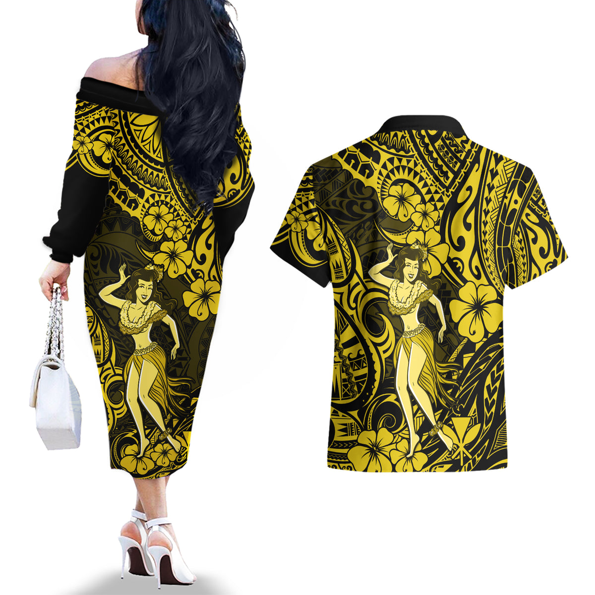 Hawaii Hula Girl Couples Matching Off The Shoulder Long Sleeve Dress and Hawaiian Shirt Hibiscus Hawaii Tribal Tattoo Yellow Version - Wonder Print Shop