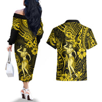 Hawaii Hula Girl Couples Matching Off The Shoulder Long Sleeve Dress and Hawaiian Shirt Hibiscus Hawaii Tribal Tattoo Yellow Version - Wonder Print Shop