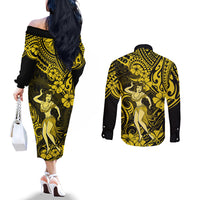 hawaii-hula-girl-couples-matching-off-the-shoulder-long-sleeve-dress-and-long-sleeve-button-shirts-hibiscus-hawaii-tribal-tattoo-yellow-version
