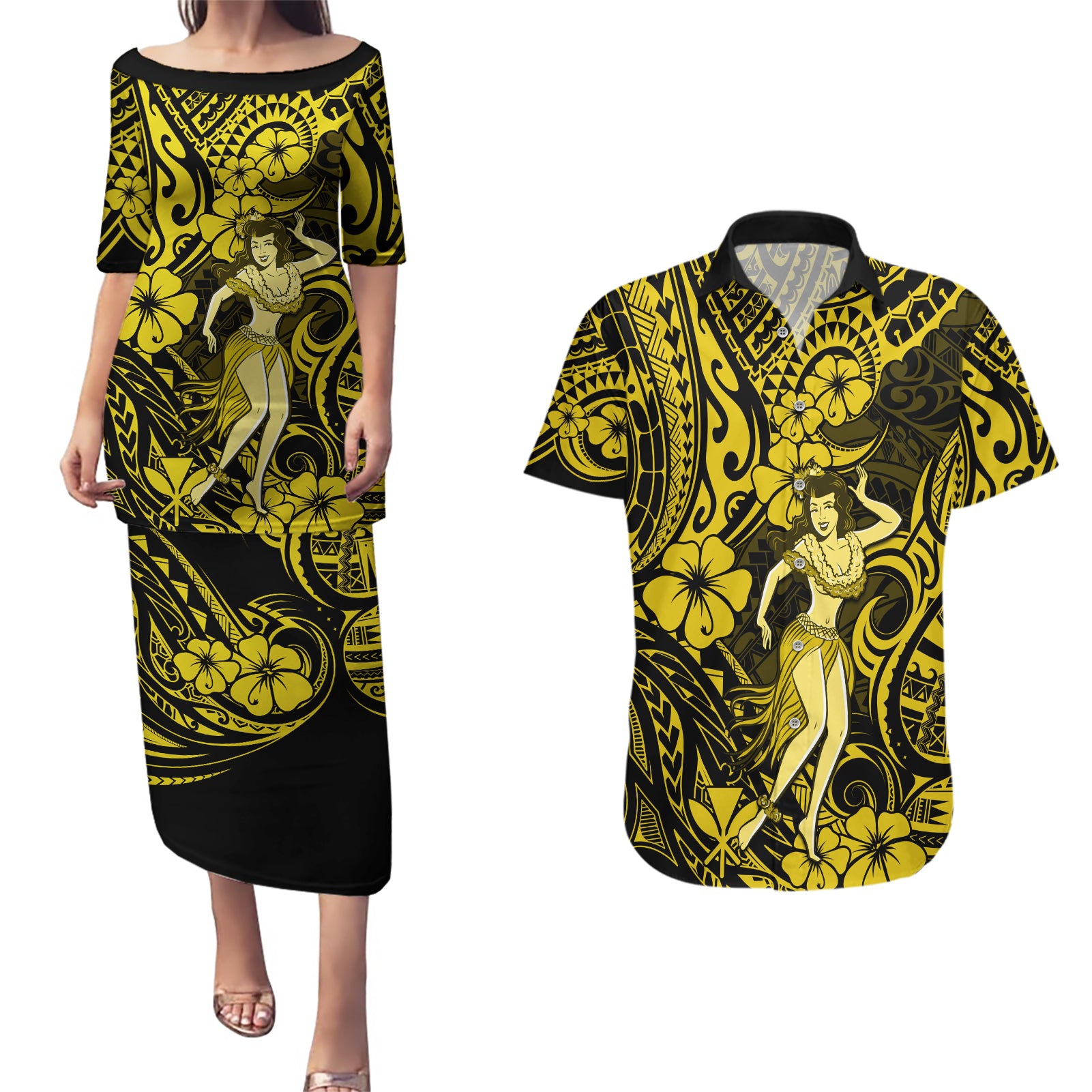 Hawaii Hula Girl Couples Matching Puletasi Dress and Hawaiian Shirt Hibiscus Hawaii Tribal Tattoo Yellow Version - Wonder Print Shop