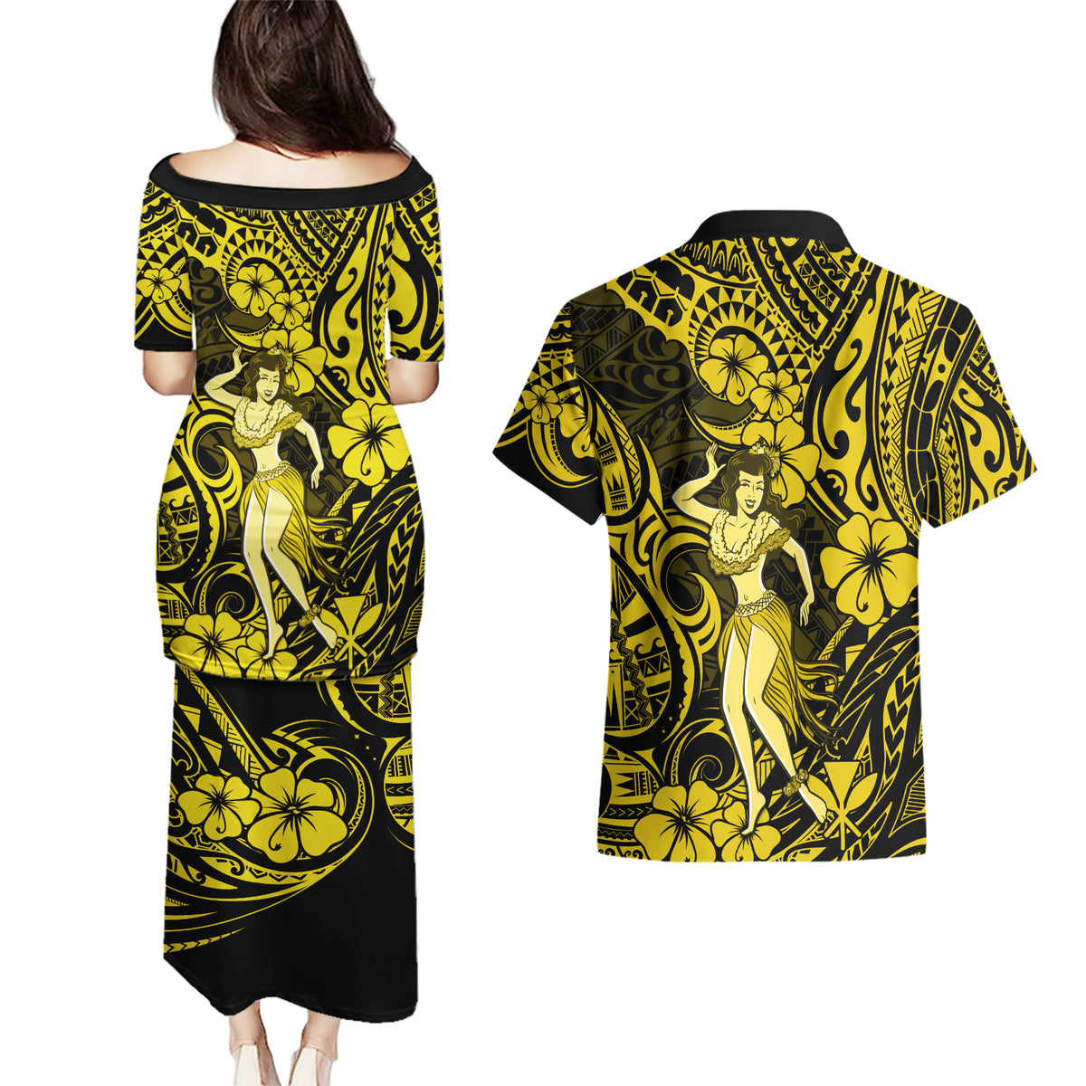 Hawaii Hula Girl Couples Matching Puletasi Dress and Hawaiian Shirt Hibiscus Hawaii Tribal Tattoo Yellow Version - Wonder Print Shop