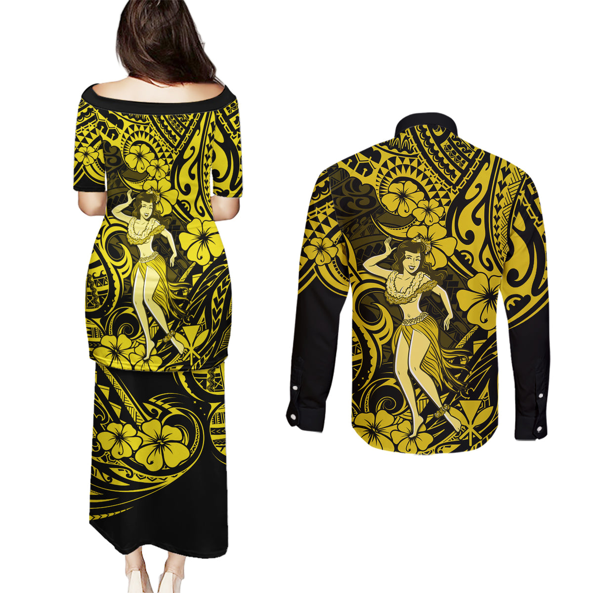Hawaii Hula Girl Couples Matching Puletasi Dress and Long Sleeve Button Shirts Hibiscus Hawaii Tribal Tattoo Yellow Version - Wonder Print Shop