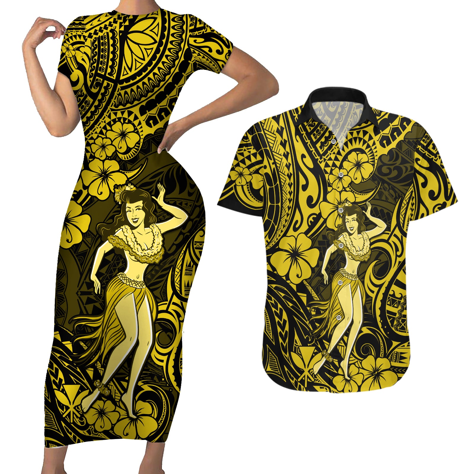 Hawaii Hula Girl Couples Matching Short Sleeve Bodycon Dress and Hawaiian Shirt Hibiscus Hawaii Tribal Tattoo Yellow Version - Wonder Print Shop