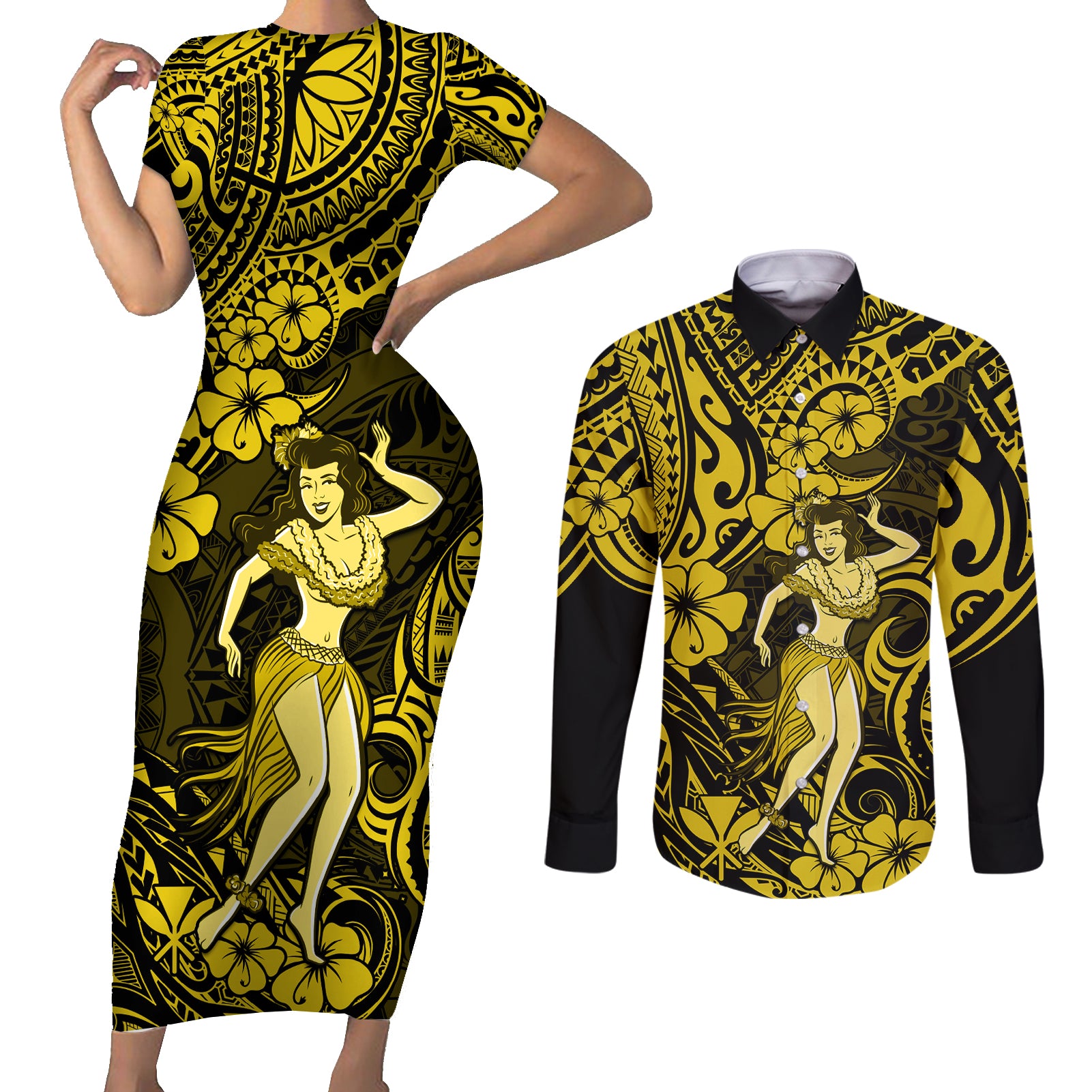 Hawaii Hula Girl Couples Matching Short Sleeve Bodycon Dress and Long Sleeve Button Shirts Hibiscus Hawaii Tribal Tattoo Yellow Version - Wonder Print Shop