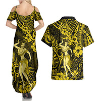 Hawaii Hula Girl Couples Matching Summer Maxi Dress and Hawaiian Shirt Hibiscus Hawaii Tribal Tattoo Yellow Version - Wonder Print Shop