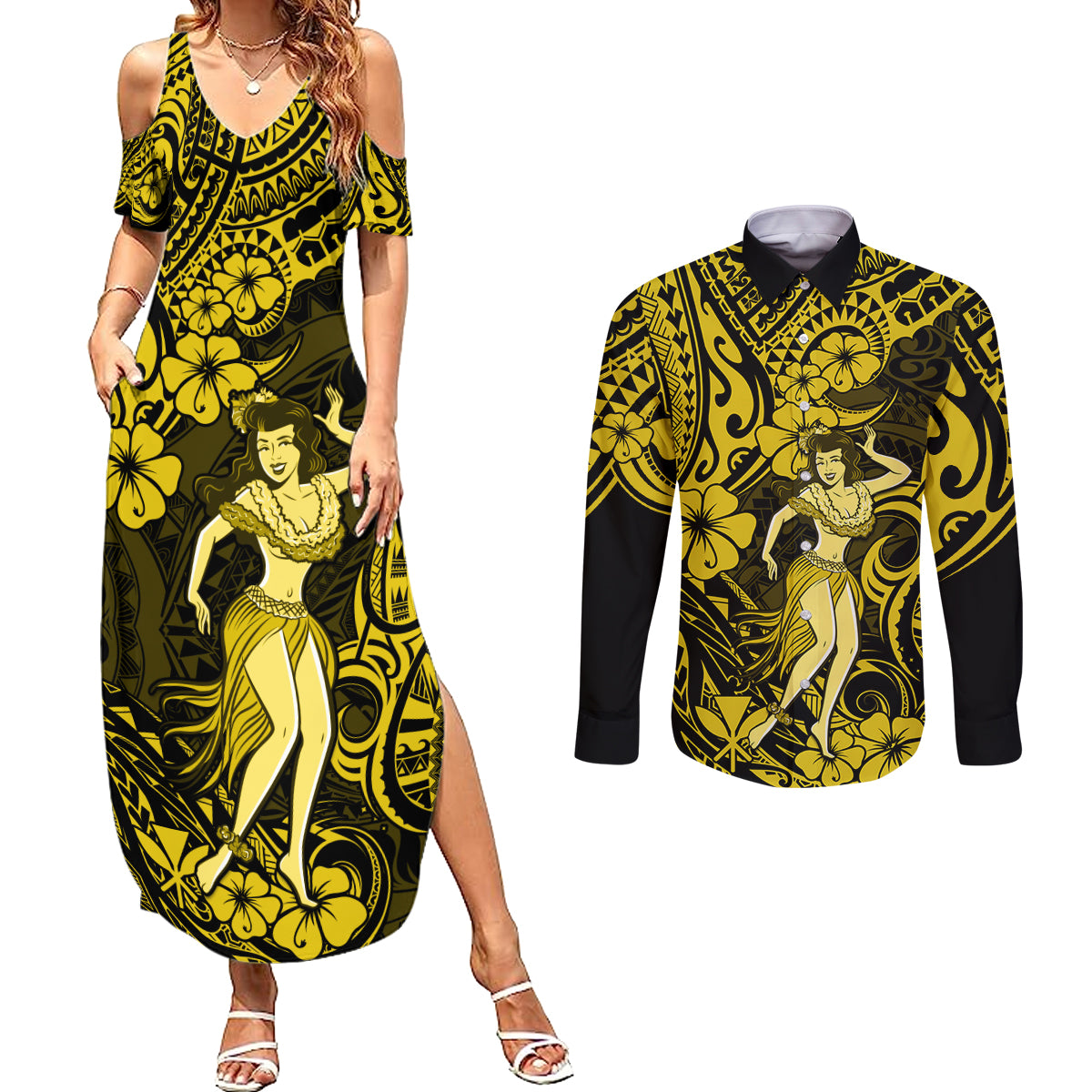 Hawaii Hula Girl Couples Matching Summer Maxi Dress and Long Sleeve Button Shirts Hibiscus Hawaii Tribal Tattoo Yellow Version - Wonder Print Shop