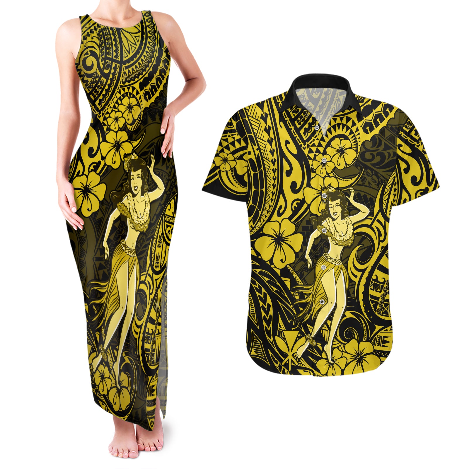 Hawaii Hula Girl Couples Matching Tank Maxi Dress and Hawaiian Shirt Hibiscus Hawaii Tribal Tattoo Yellow Version - Wonder Print Shop