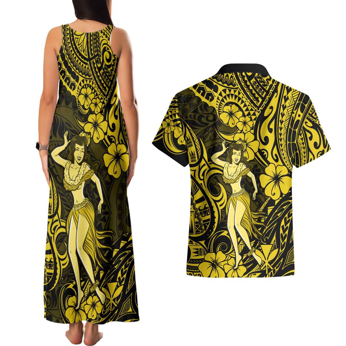 Hawaii Hula Girl Couples Matching Tank Maxi Dress and Hawaiian Shirt Hibiscus Hawaii Tribal Tattoo Yellow Version - Wonder Print Shop