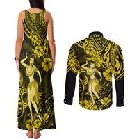 Hawaii Hula Girl Couples Matching Tank Maxi Dress and Long Sleeve Button Shirts Hibiscus Hawaii Tribal Tattoo Yellow Version - Wonder Print Shop