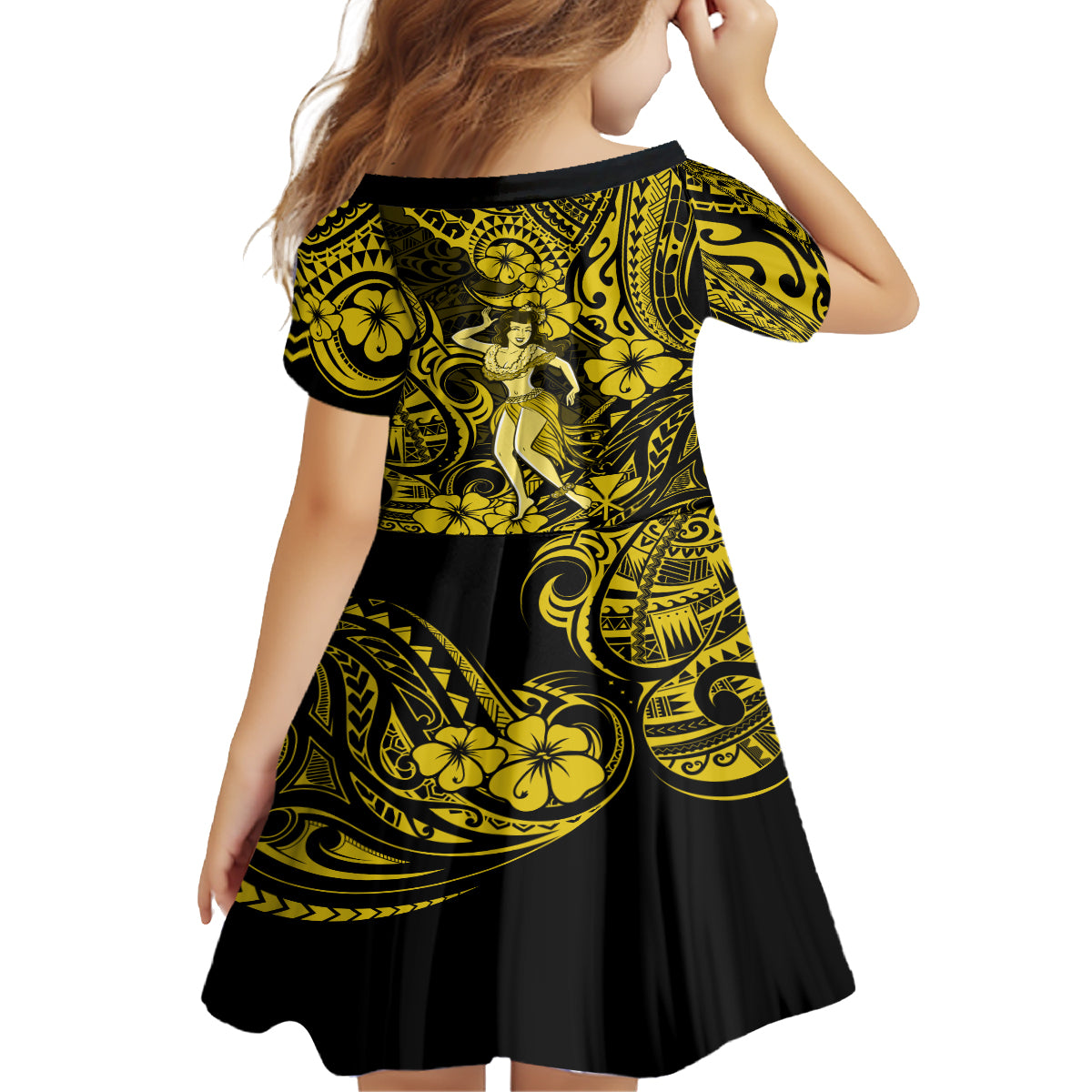 Hawaii Hula Girl Family Matching Long Sleeve Bodycon Dress and Hawaiian Shirt Hibiscus Hawaii Tribal Tattoo Yellow Version - Wonder Print Shop