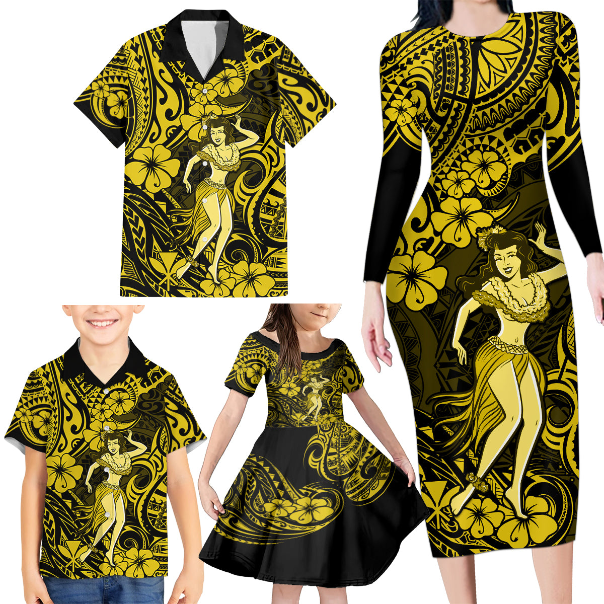 Hawaii Hula Girl Family Matching Long Sleeve Bodycon Dress and Hawaiian Shirt Hibiscus Hawaii Tribal Tattoo Yellow Version - Wonder Print Shop