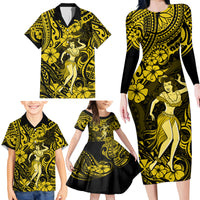 Hawaii Hula Girl Family Matching Long Sleeve Bodycon Dress and Hawaiian Shirt Hibiscus Hawaii Tribal Tattoo Yellow Version - Wonder Print Shop