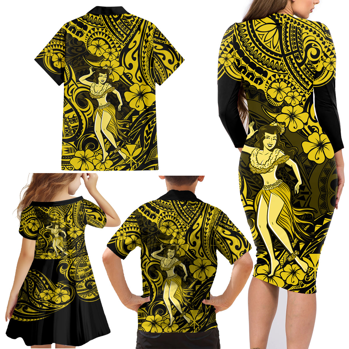 Hawaii Hula Girl Family Matching Long Sleeve Bodycon Dress and Hawaiian Shirt Hibiscus Hawaii Tribal Tattoo Yellow Version - Wonder Print Shop
