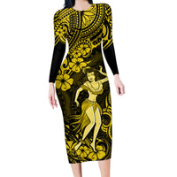 Hawaii Hula Girl Family Matching Long Sleeve Bodycon Dress and Hawaiian Shirt Hibiscus Hawaii Tribal Tattoo Yellow Version - Wonder Print Shop