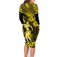 Hawaii Hula Girl Family Matching Long Sleeve Bodycon Dress and Hawaiian Shirt Hibiscus Hawaii Tribal Tattoo Yellow Version - Wonder Print Shop