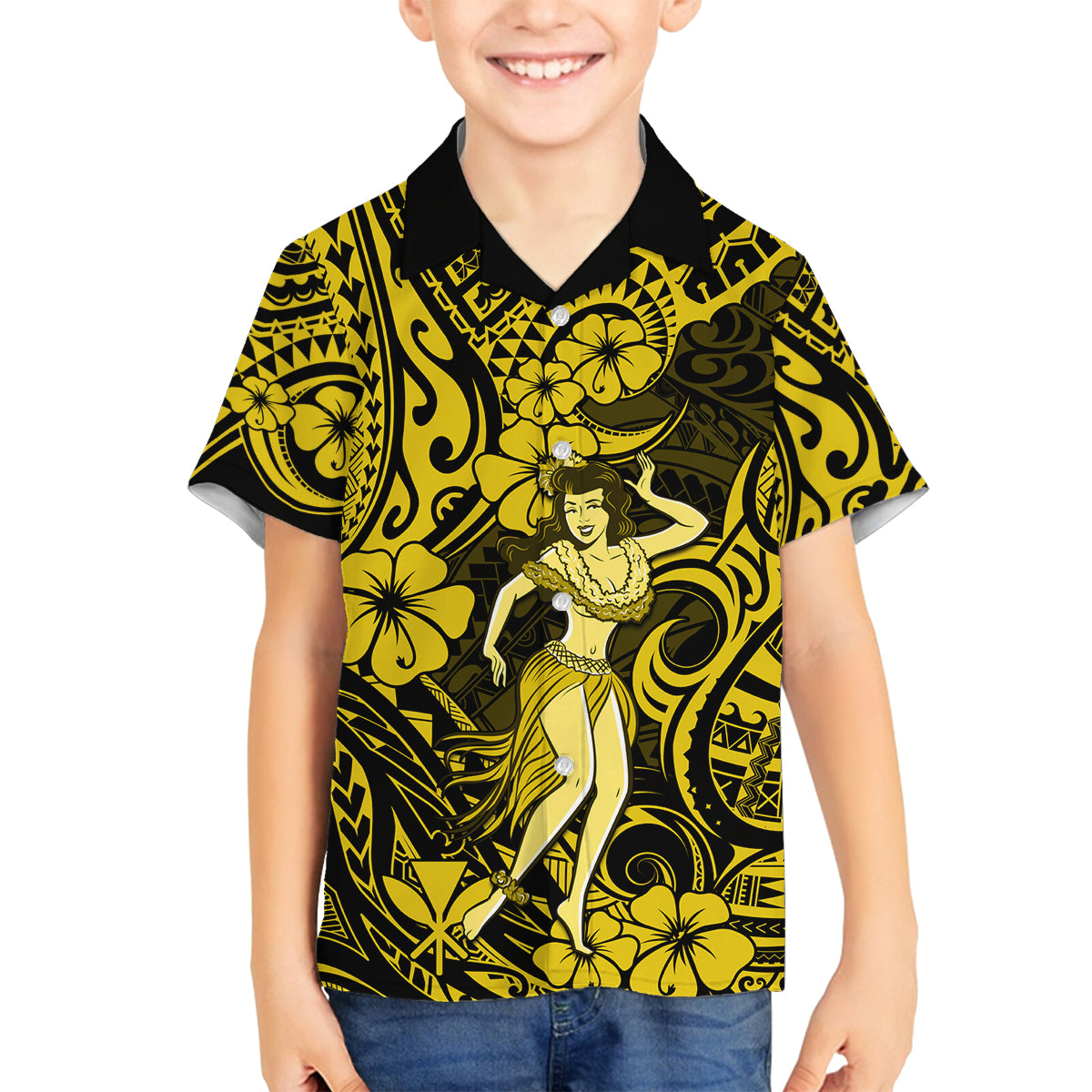 Hawaii Hula Girl Family Matching Long Sleeve Bodycon Dress and Hawaiian Shirt Hibiscus Hawaii Tribal Tattoo Yellow Version - Wonder Print Shop