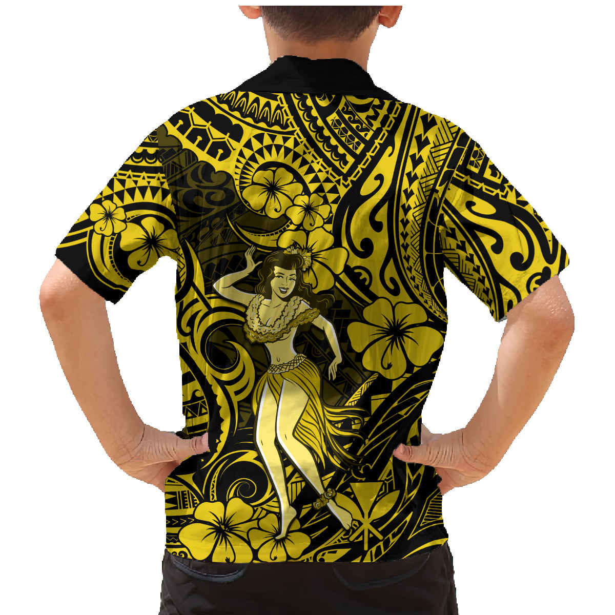 Hawaii Hula Girl Family Matching Mermaid Dress and Hawaiian Shirt Hibiscus Hawaii Tribal Tattoo Yellow Version - Wonder Print Shop