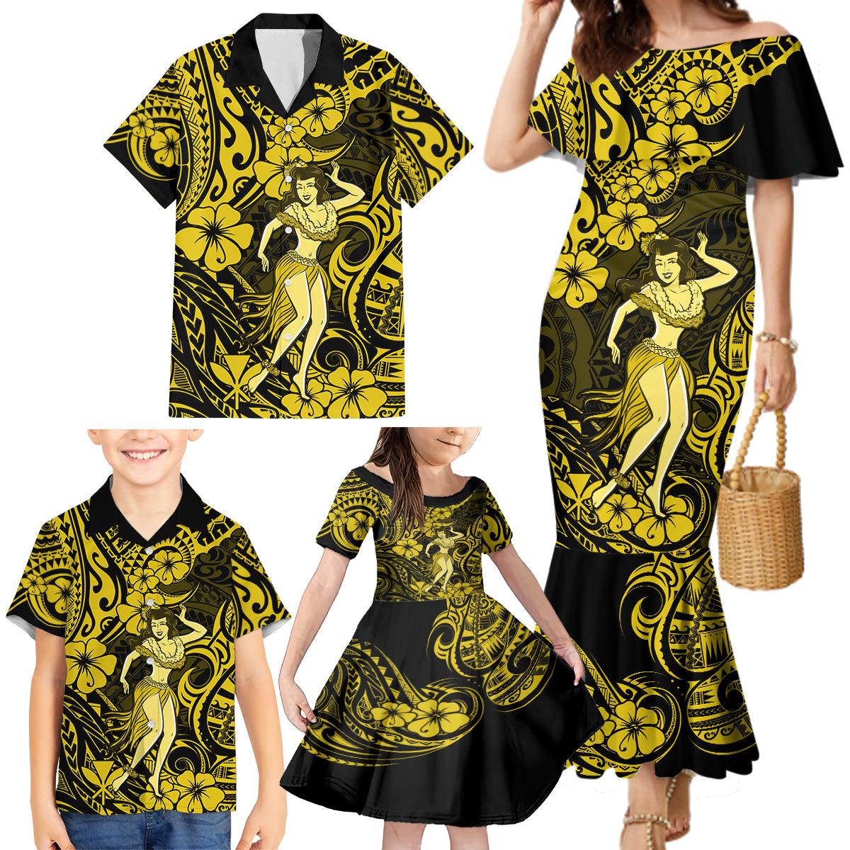 Hawaii Hula Girl Family Matching Mermaid Dress and Hawaiian Shirt Hibiscus Hawaii Tribal Tattoo Yellow Version - Wonder Print Shop
