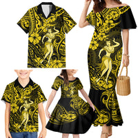 Hawaii Hula Girl Family Matching Mermaid Dress and Hawaiian Shirt Hibiscus Hawaii Tribal Tattoo Yellow Version - Wonder Print Shop