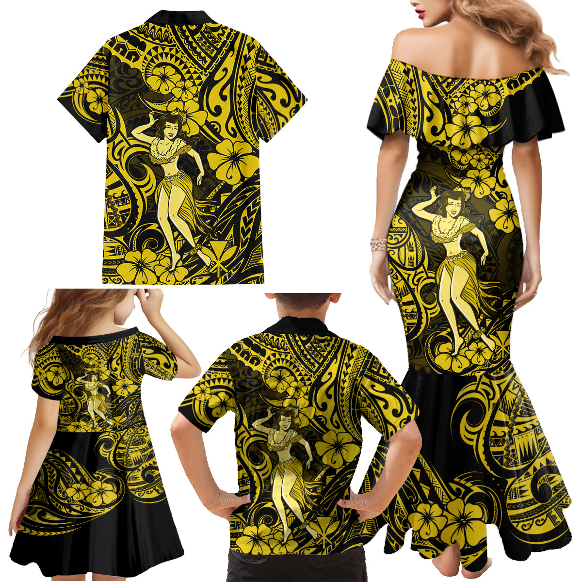 Hawaii Hula Girl Family Matching Mermaid Dress and Hawaiian Shirt Hibiscus Hawaii Tribal Tattoo Yellow Version - Wonder Print Shop
