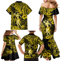 Hawaii Hula Girl Family Matching Mermaid Dress and Hawaiian Shirt Hibiscus Hawaii Tribal Tattoo Yellow Version - Wonder Print Shop