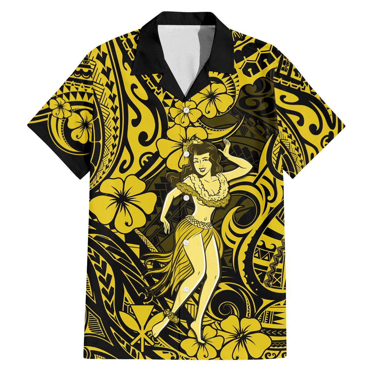Hawaii Hula Girl Family Matching Mermaid Dress and Hawaiian Shirt Hibiscus Hawaii Tribal Tattoo Yellow Version - Wonder Print Shop