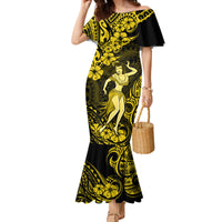 Hawaii Hula Girl Family Matching Mermaid Dress and Hawaiian Shirt Hibiscus Hawaii Tribal Tattoo Yellow Version - Wonder Print Shop