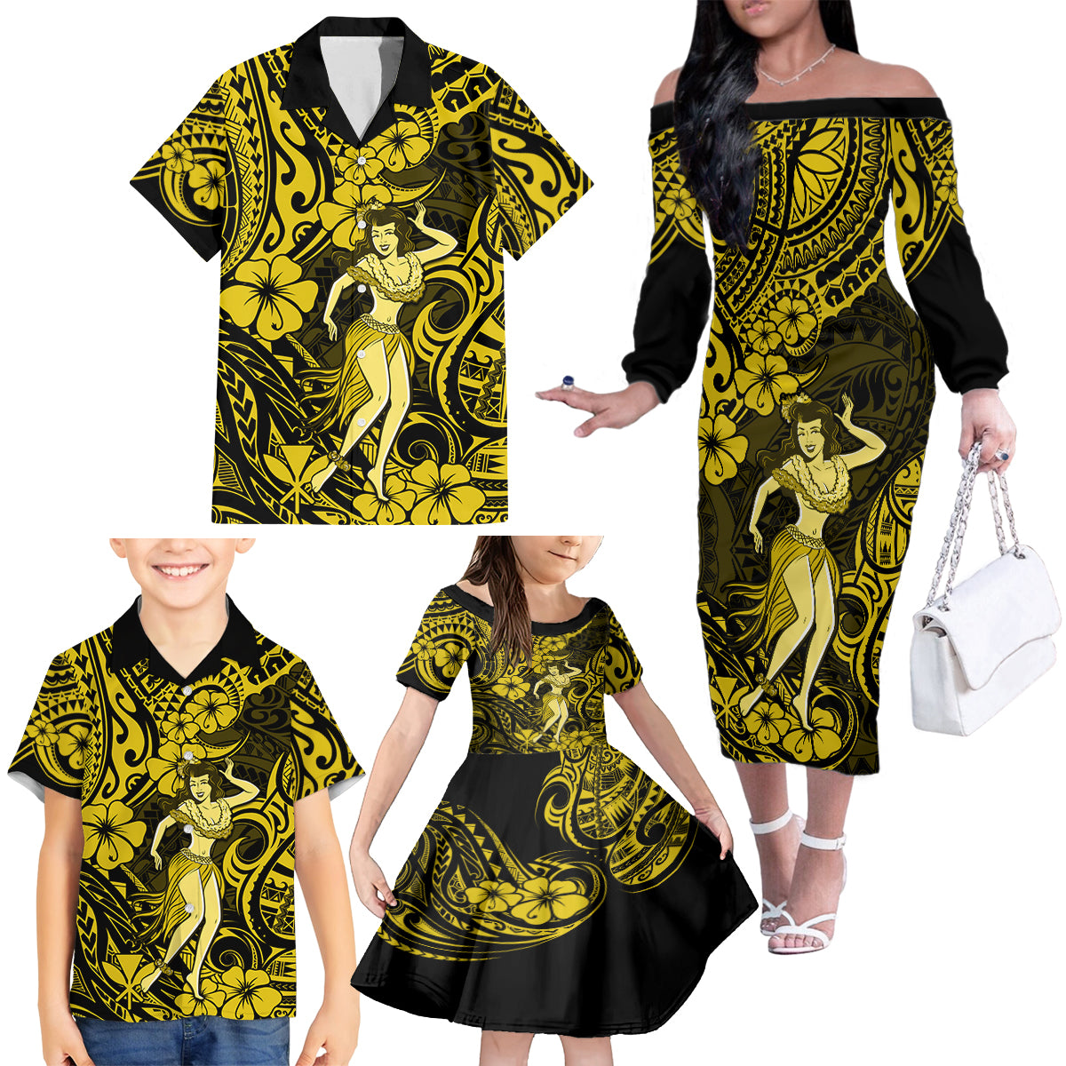 Hawaii Hula Girl Family Matching Off Shoulder Long Sleeve Dress and Hawaiian Shirt Hibiscus Hawaii Tribal Tattoo Yellow Version - Wonder Print Shop