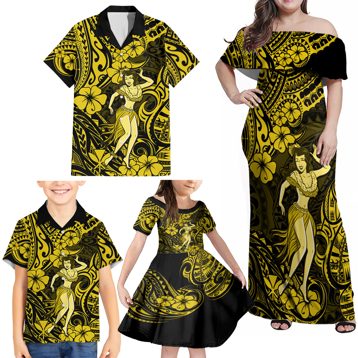 Hawaii Hula Girl Family Matching Off Shoulder Maxi Dress and Hawaiian Shirt Hibiscus Hawaii Tribal Tattoo Yellow Version - Wonder Print Shop