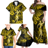 Hawaii Hula Girl Family Matching Off Shoulder Maxi Dress and Hawaiian Shirt Hibiscus Hawaii Tribal Tattoo Yellow Version - Wonder Print Shop