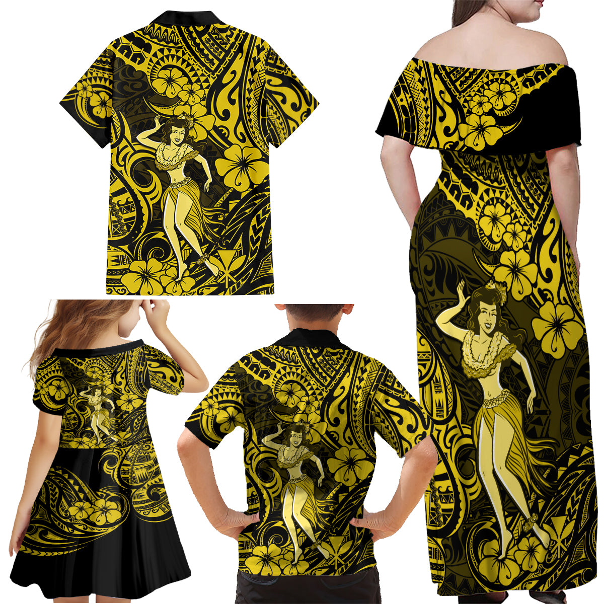Hawaii Hula Girl Family Matching Off Shoulder Maxi Dress and Hawaiian Shirt Hibiscus Hawaii Tribal Tattoo Yellow Version - Wonder Print Shop
