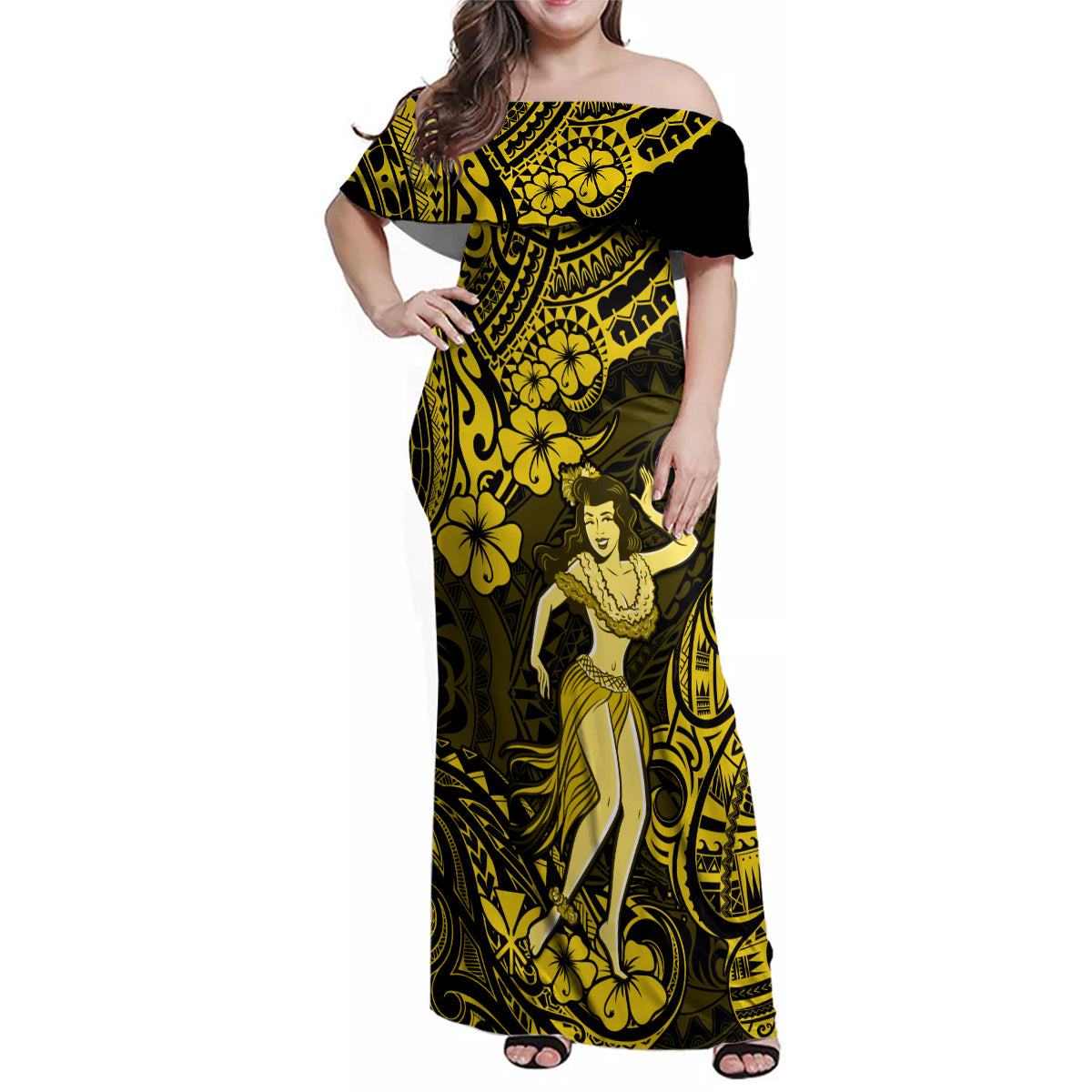 Hawaii Hula Girl Family Matching Off Shoulder Maxi Dress and Hawaiian Shirt Hibiscus Hawaii Tribal Tattoo Yellow Version - Wonder Print Shop