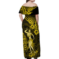 Hawaii Hula Girl Family Matching Off Shoulder Maxi Dress and Hawaiian Shirt Hibiscus Hawaii Tribal Tattoo Yellow Version - Wonder Print Shop